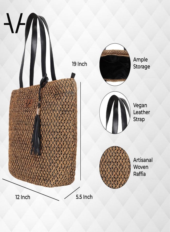 Avake Cocoa Cross Tote Bag with Raffia and Vegan Leather Accents | Fits 14-Inch Laptop | Stylish & Durable | Lightweight Shoulder Bag for Work, Travel & Daily Use | Made in India - Image 3